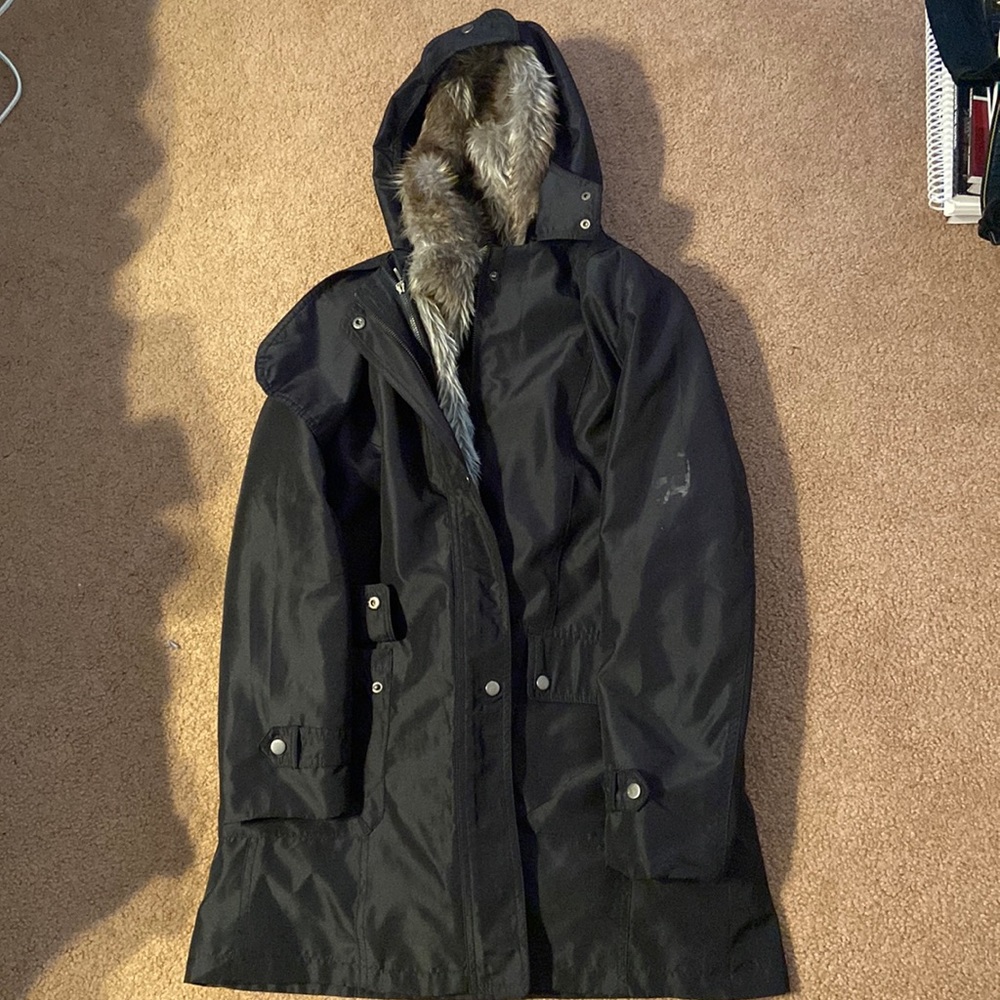 Faux fur lined black long coat